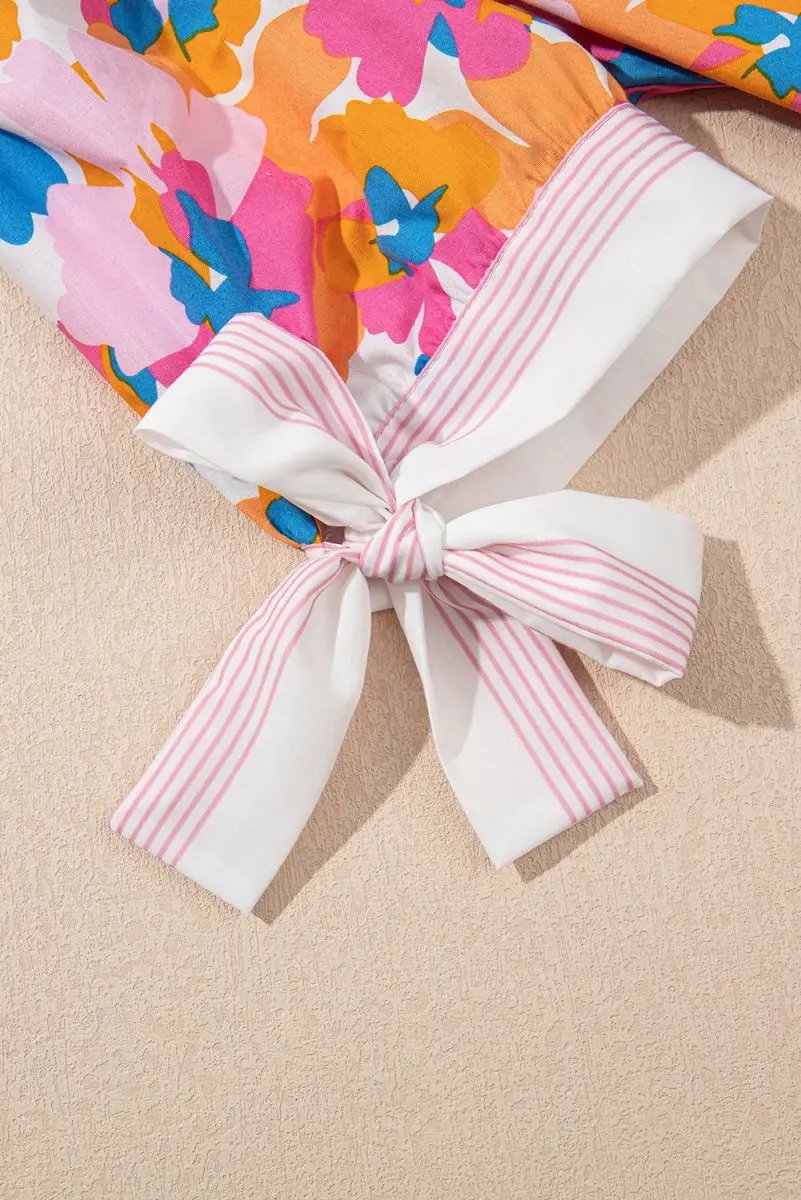 White Floral Colorblock Striped Edge V Neck Knotted Blouse - Love Salve